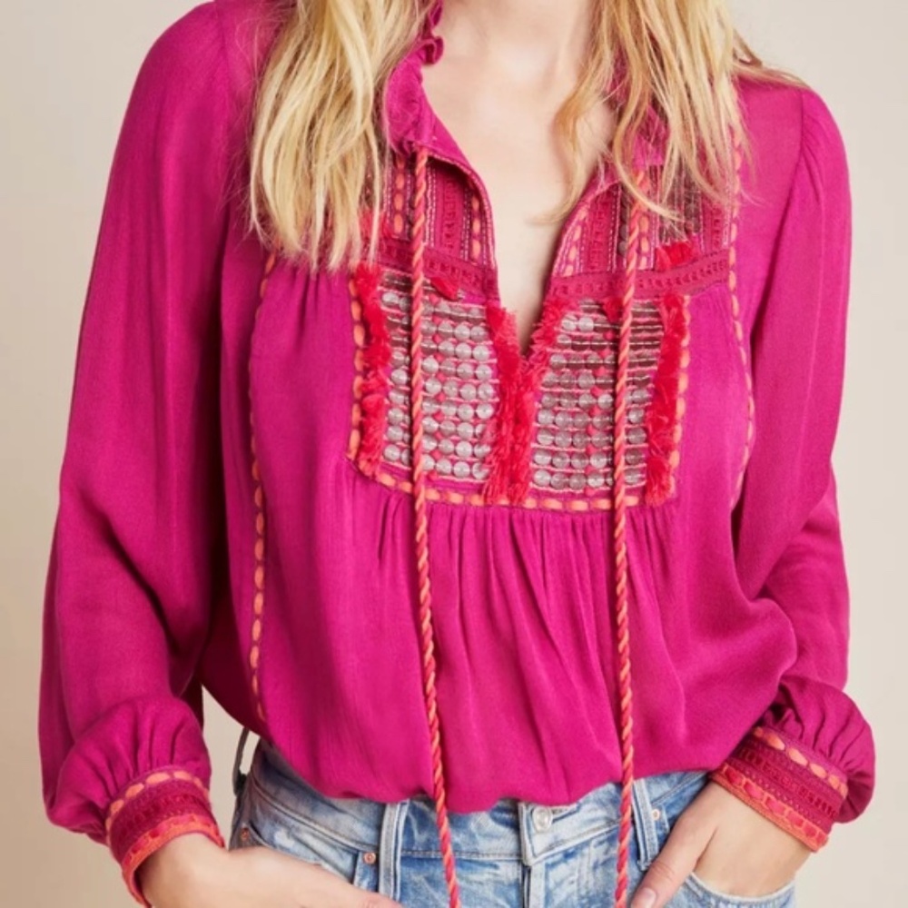 Anthropologie × BLANK LONDON Lissa Embroidered Peasant Blouse Medium NWT